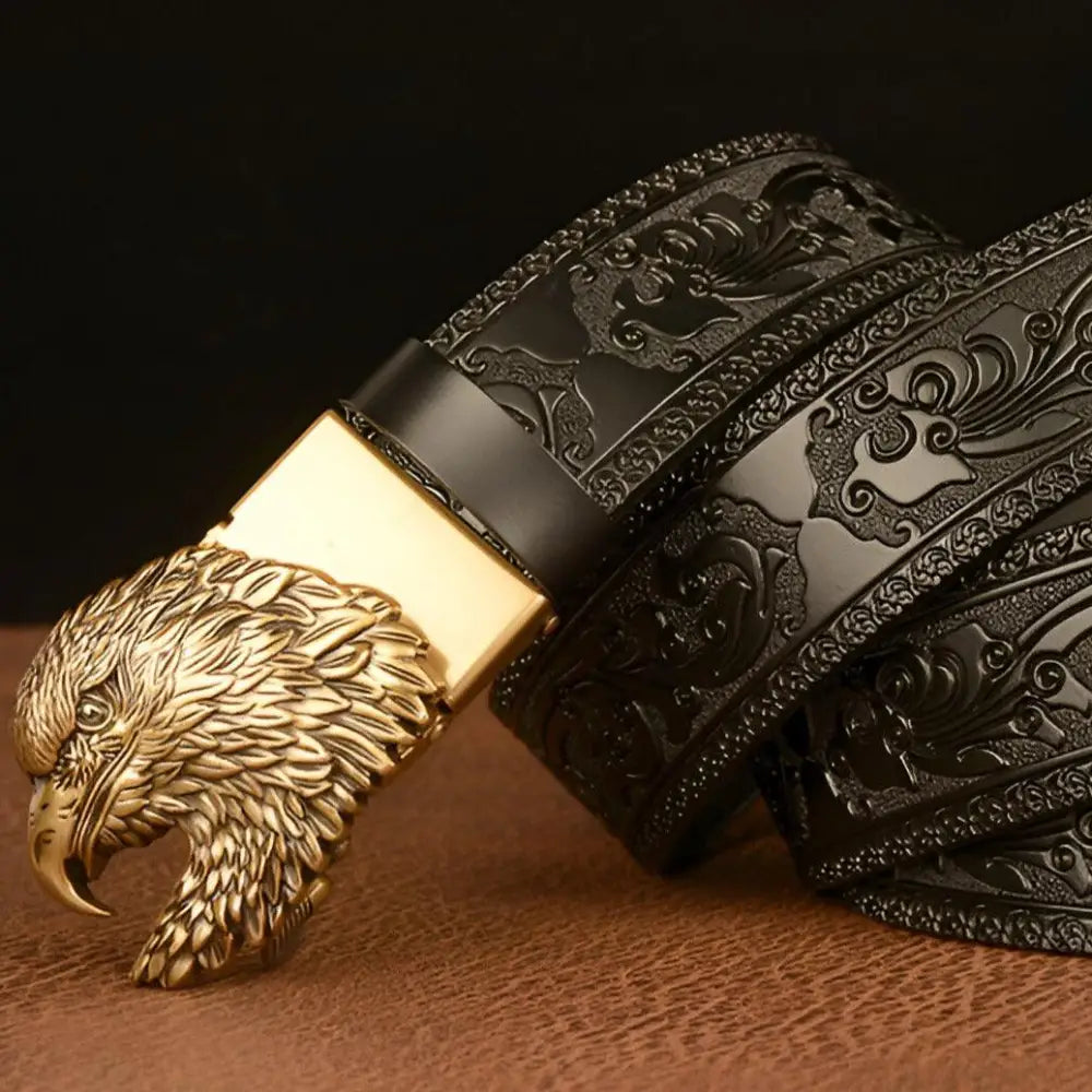 Harry Animal Spirit black leather belt with gold eagle buckle, an animal spirit belt accessory