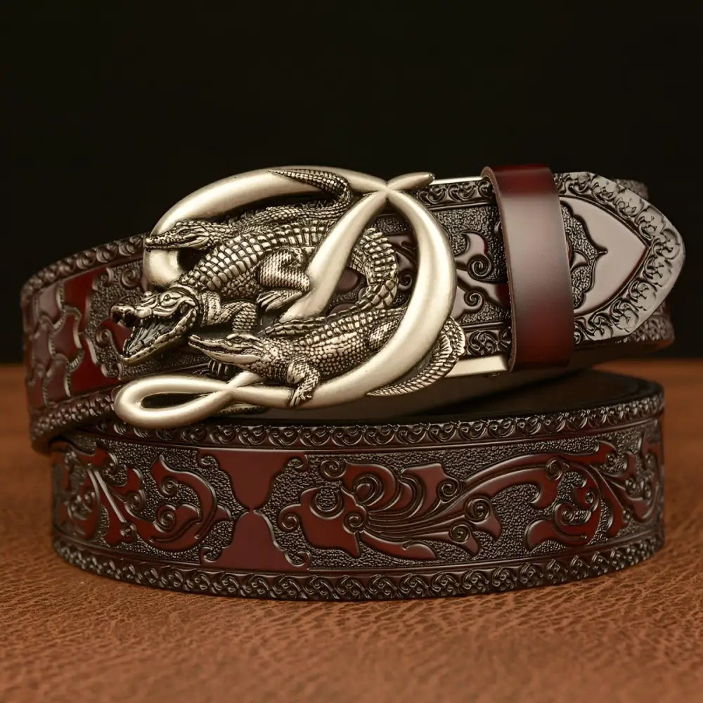 Embossed leather belt featuring a crocodile-patterned buckle for sophisticated style