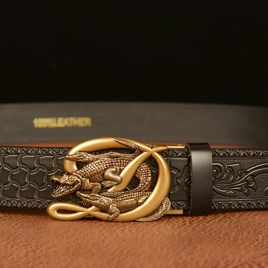 Embossed leather belt featuring a crocodile buckle for a sophisticated accessory