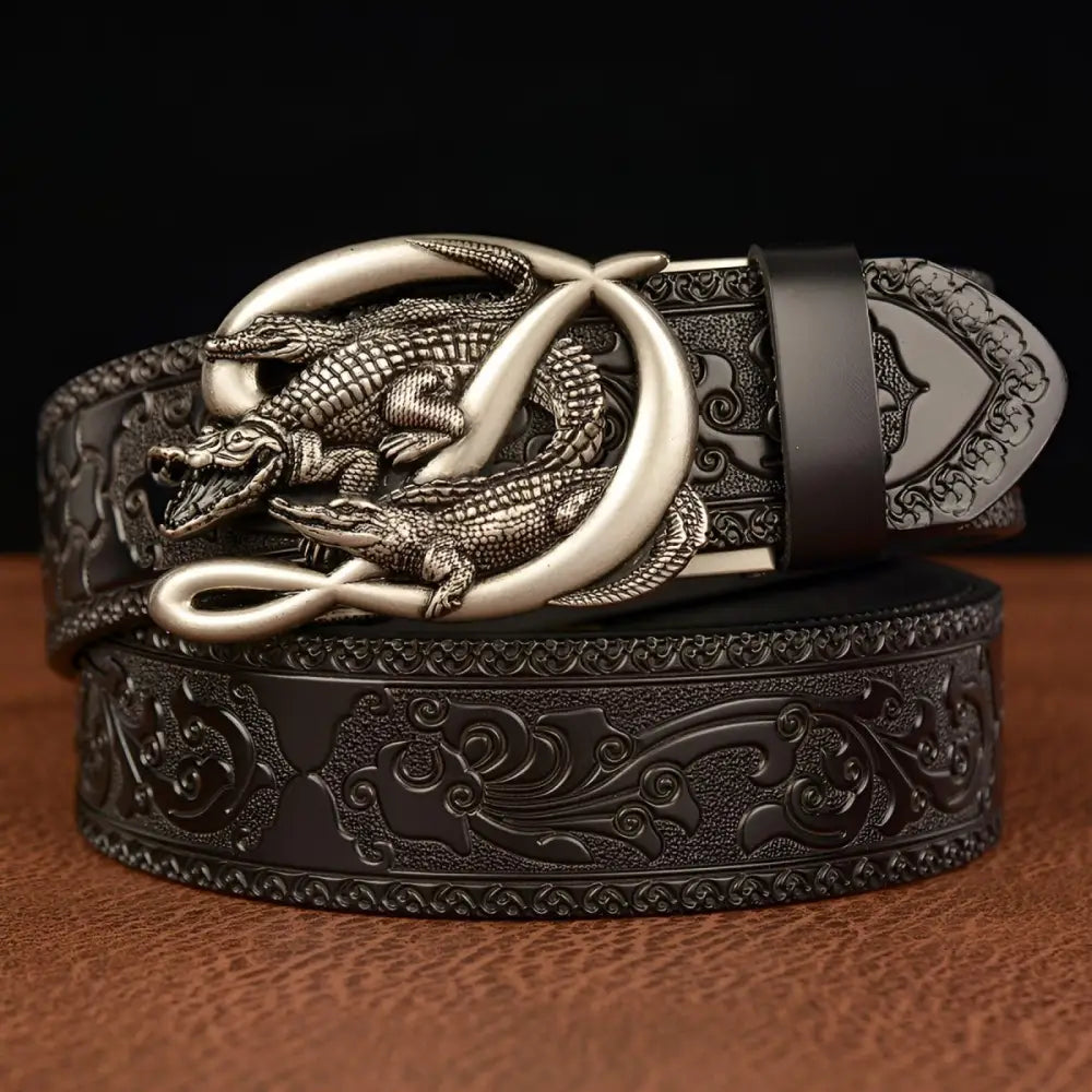 Embossed leather belt featuring a crocodile buckle for a sophisticated accessory choice