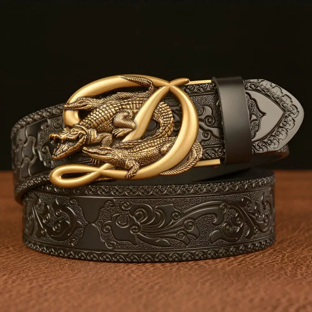 Embossed leather belt featuring a crocodile buckle for elegant style and durability