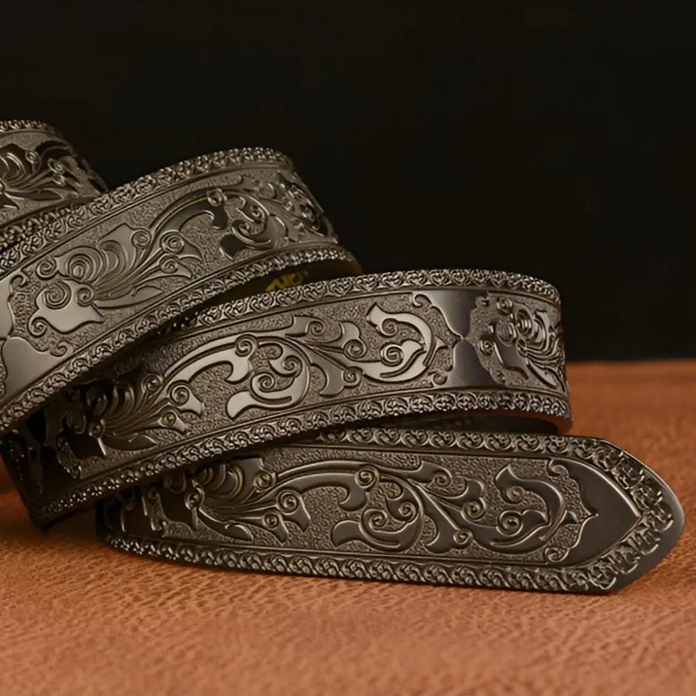 Elegant ornate dark-toned leather belt with crocodile buckle for luxury fashion