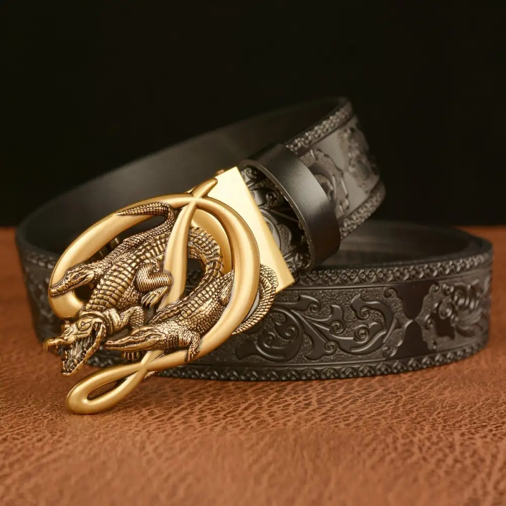 Embossed black leather belt featuring a golden crocodile buckle for sophisticated style