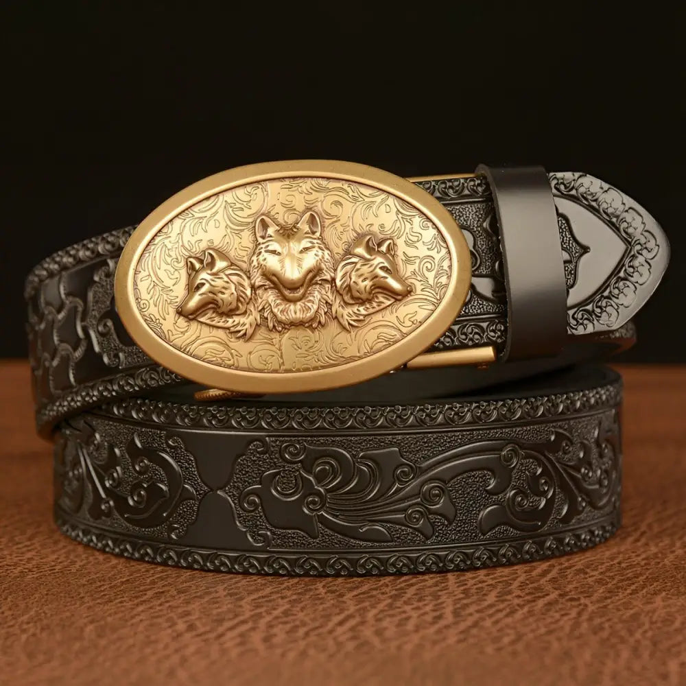 Embossed leather belt with wolf buckle for Esprit Animal style, perfect esprit animal accessory