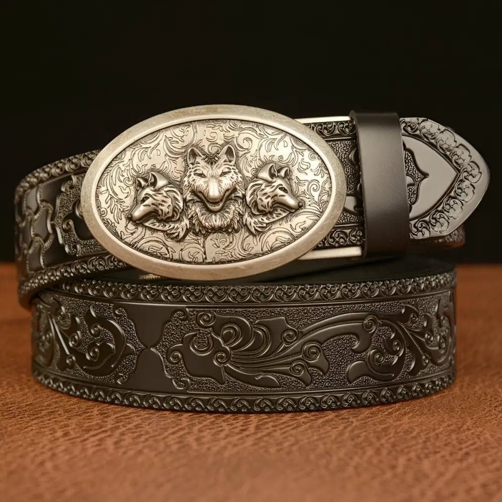 Embossed leather belt with wolf buckle for Esprit Animal Style, perfect ceinture esprit animal