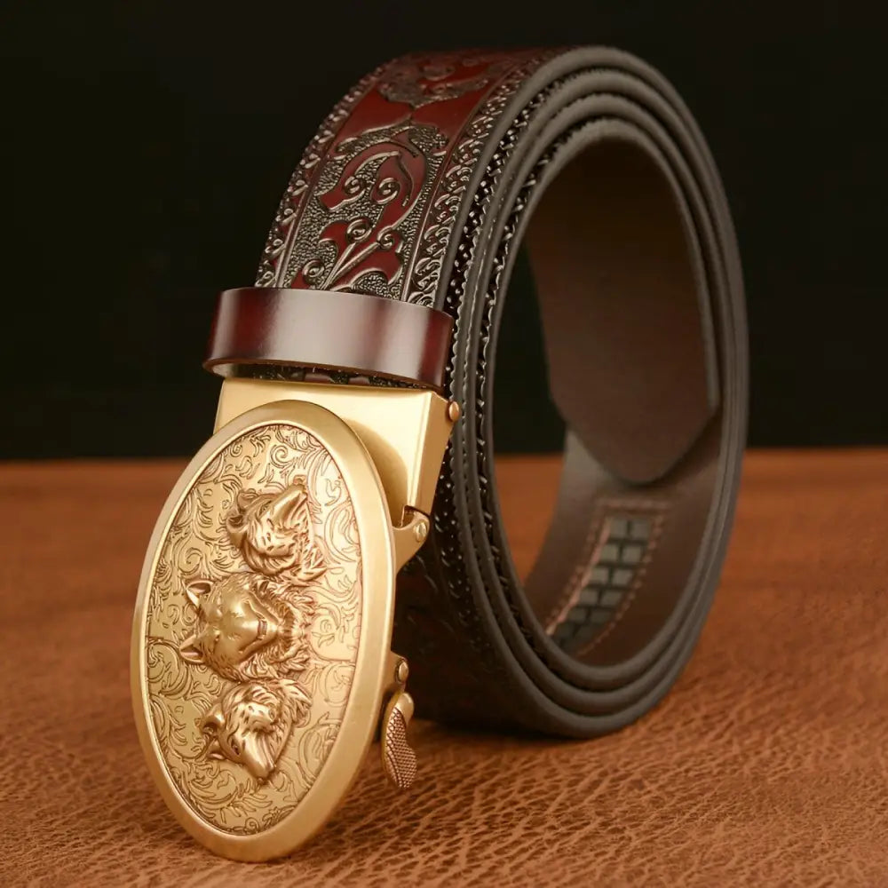 Embossed leather belt with wolf buckle for Esprit Animal style ceinture esprit animal