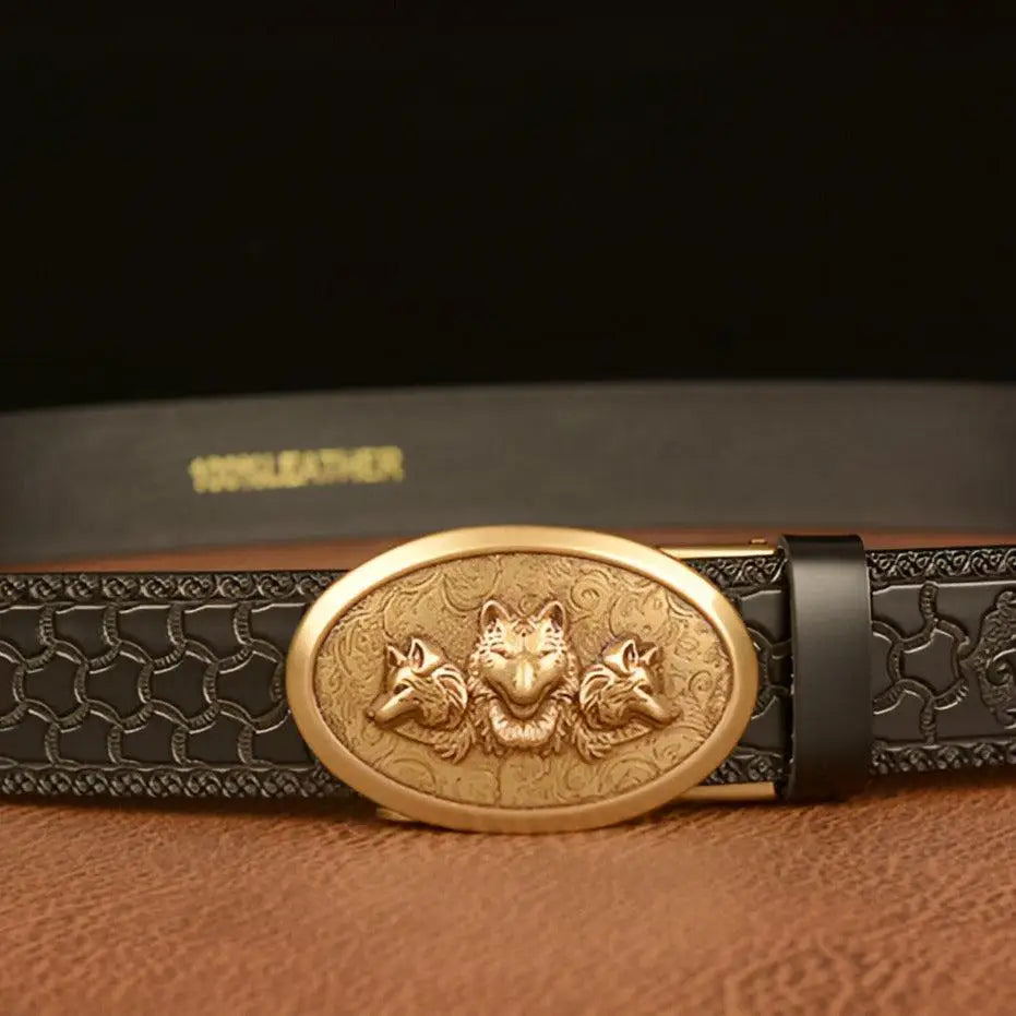 Embossed leather belt with wolf buckle for Esprit Animal style, perfect Ceinture Esprit Animal