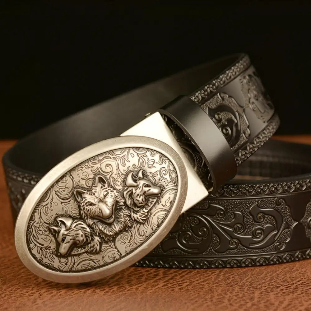 Embossed leather belt with wolf buckle for Esprit Animal style, perfect ceinture esprit animal