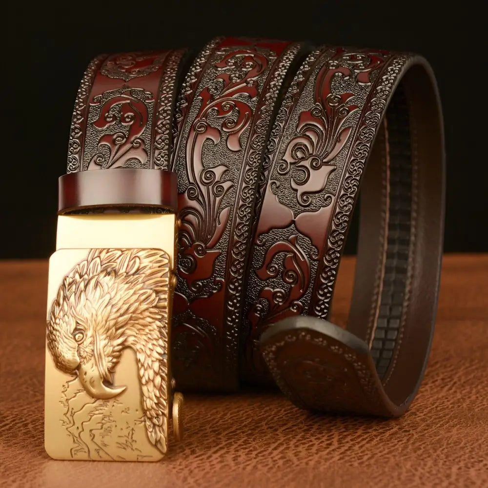 Embossed leather spirit belt with eagle buckle showcasing animal spirit design