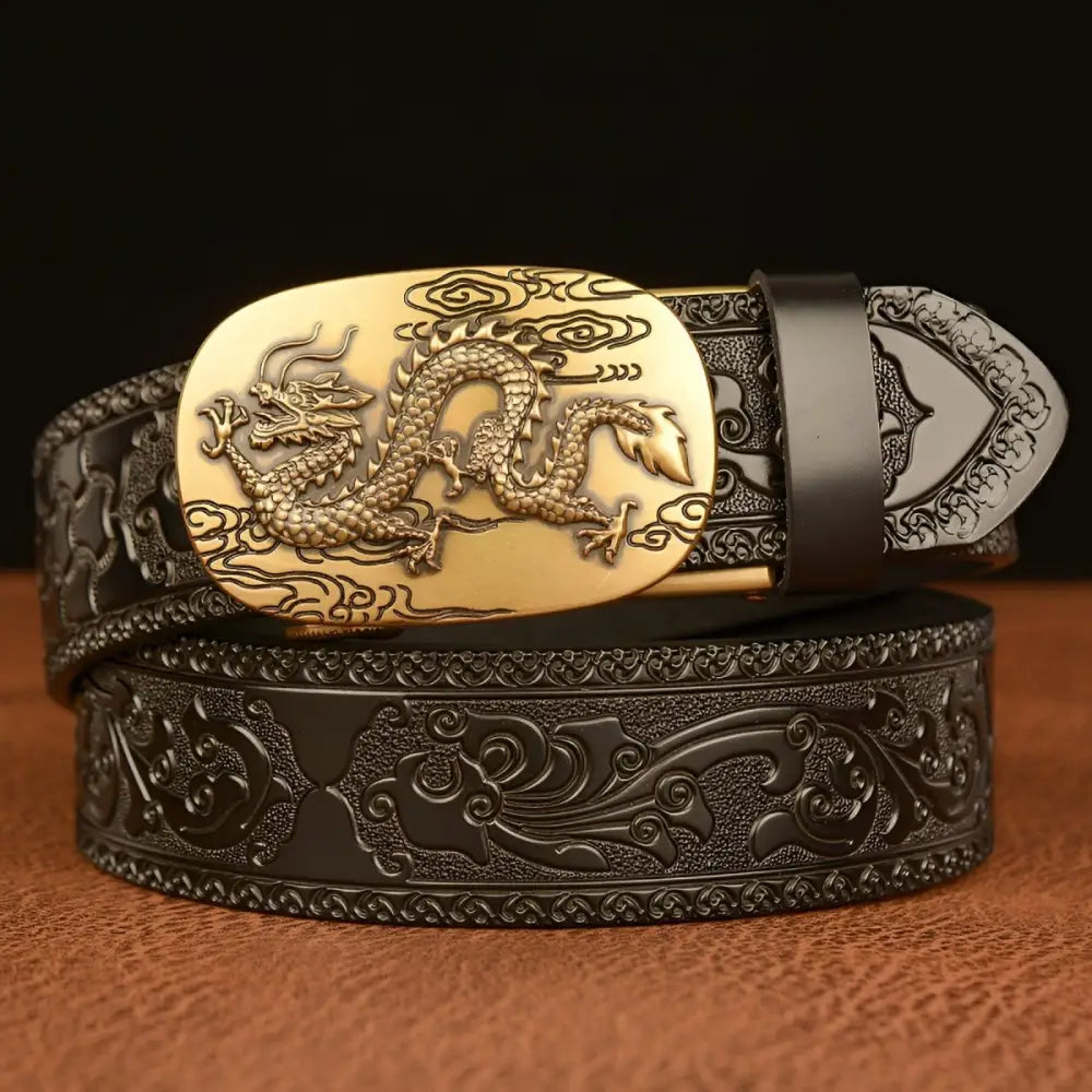 Embossed leather animal spirit belt with dragon buckle for stylish spirit belt accessory