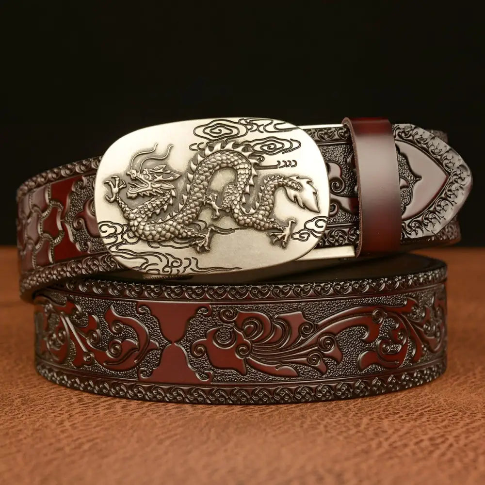 Embossed leather animal spirit belt featuring a detailed dragon buckle for style and symbolism