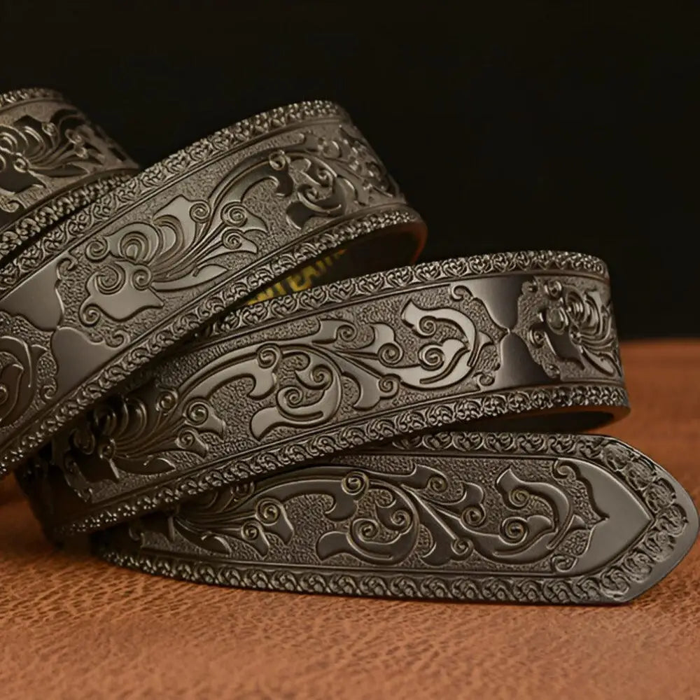 Embossed black leather belt featuring a dragon buckle from Embossed Leather Belt with Dragon Buckle in Brown