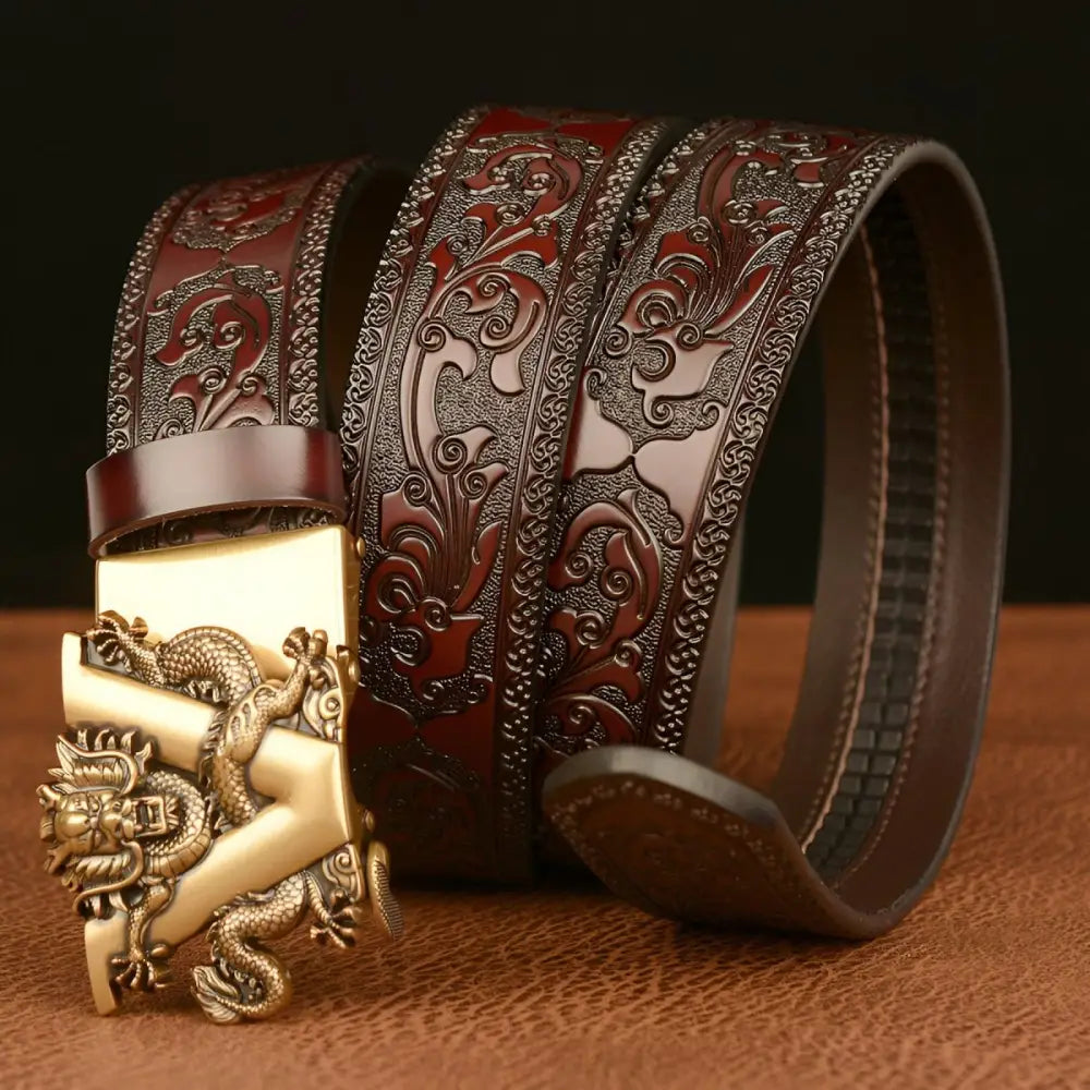 Embossed brown leather belt with a detailed dragon-shaped buckle for stylish accessories