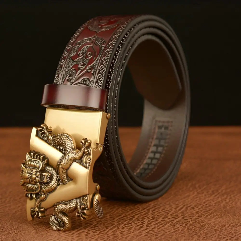 Brown leather belt featuring an intricately embossed dragon-shaped buckle