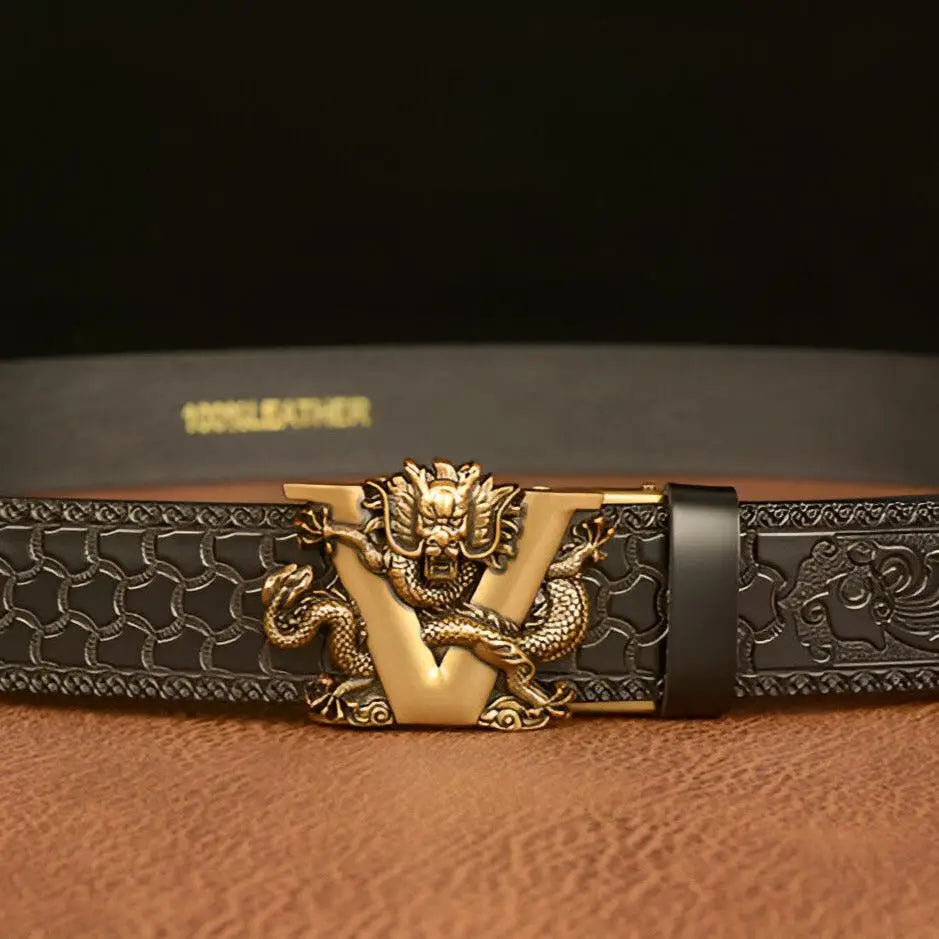 Black leather belt with embossed dragon buckle in brown for a stylish accessory option