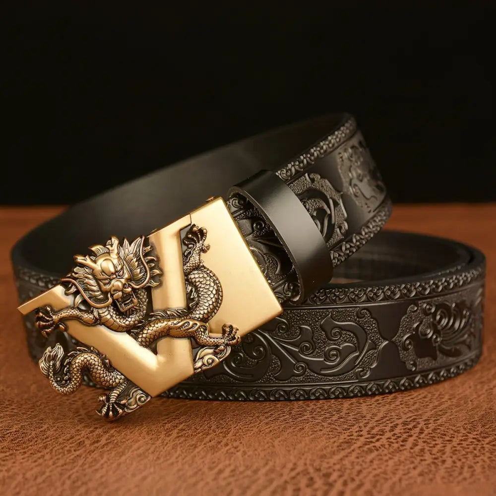Embossed brown leather belt featuring a detailed dragon buckle for a stylish look