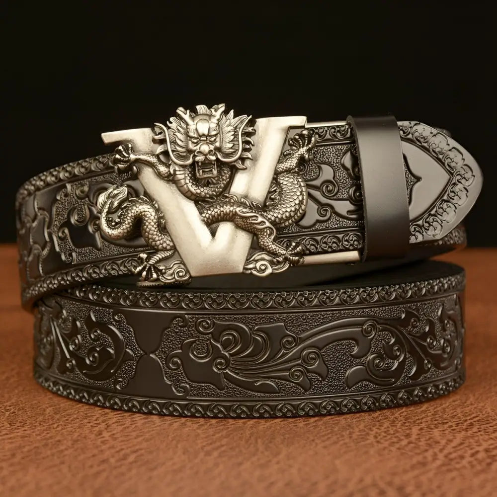 Embossed brown leather belt featuring a detailed dragon buckle for stylish wear