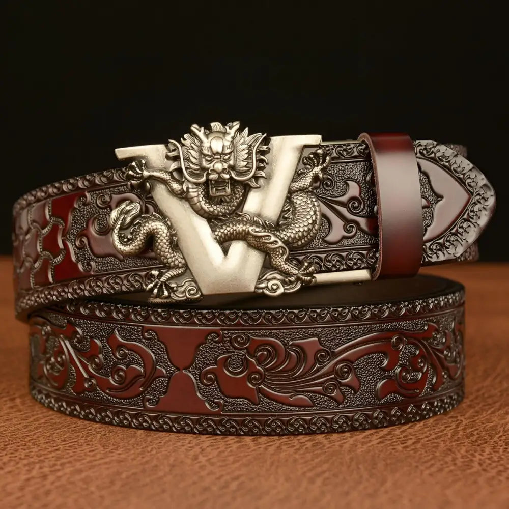 Embossed brown leather belt featuring a detailed dragon buckle for stylish appeal