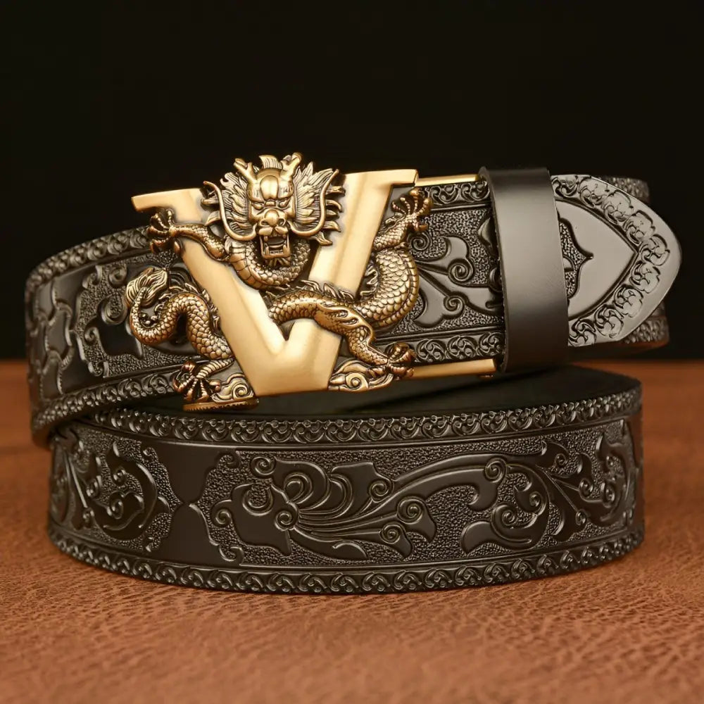 Embossed brown leather belt featuring a detailed dragon buckle for a stylish look