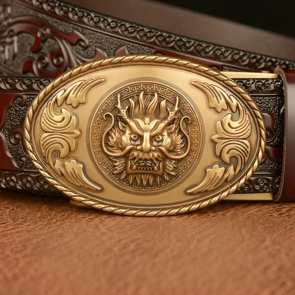 Embossed leather belt with ornate dragon head motif buckle, ceinture esprit animal design