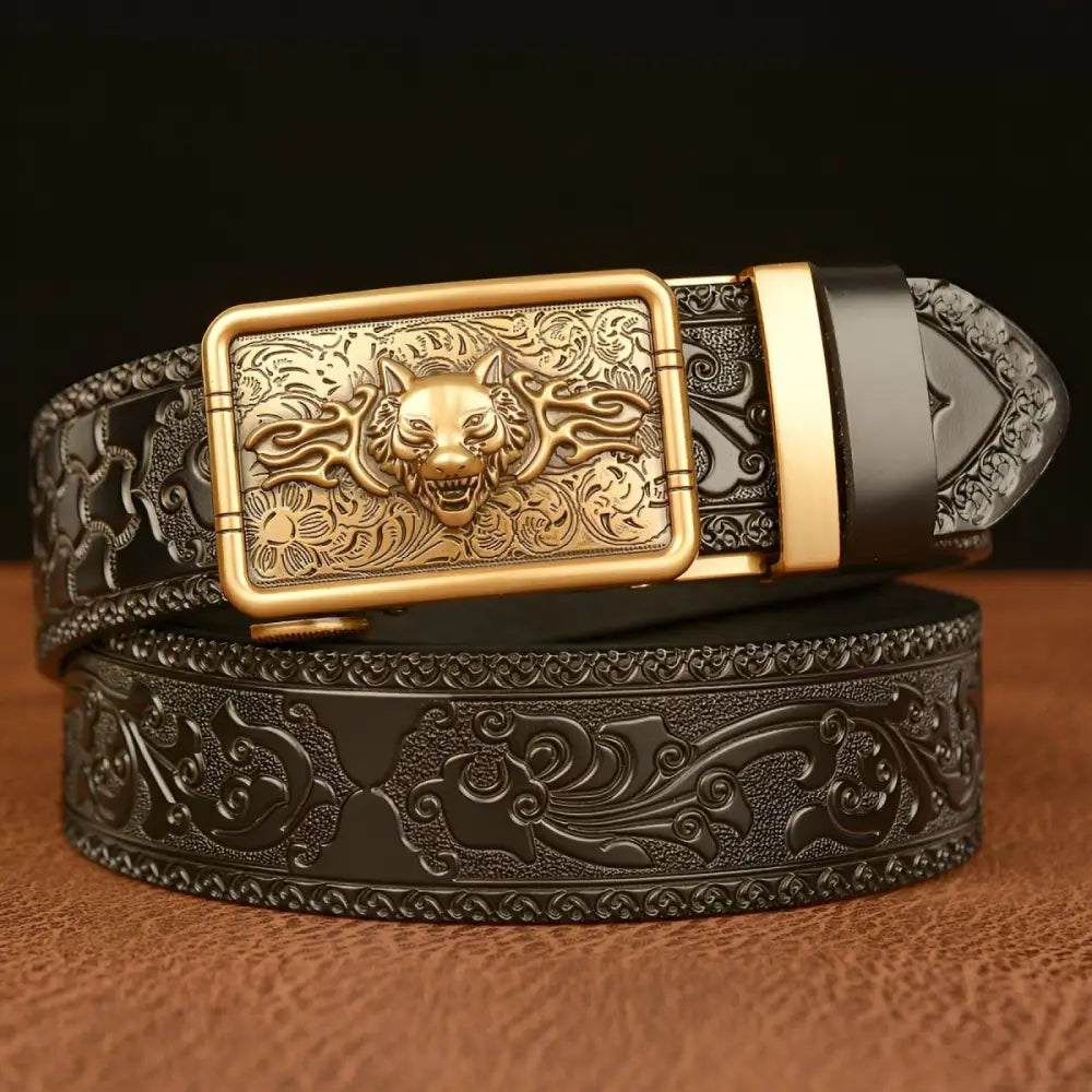 Animal Spirit Josh belt featuring embossed black leather and a wolf buckle