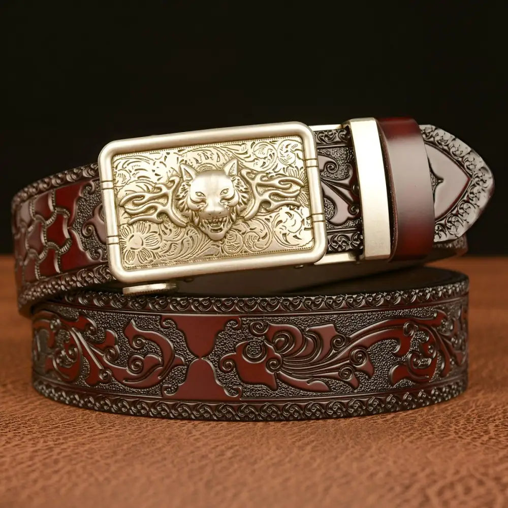 Embossed black leather Animal Spirit Josh Belt with wolf buckle, spirit josh belt for men