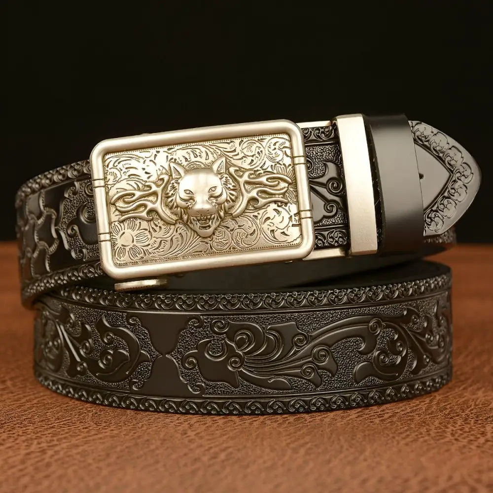 Embedded leather belt featuring a wolf buckle from the Animal Spirit Josh collection