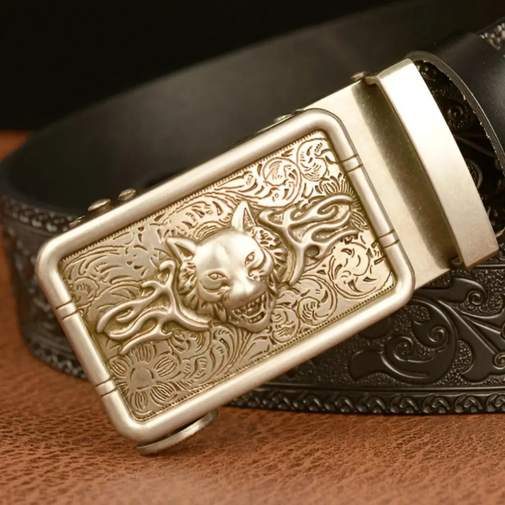 Ornate wolf-head belt buckle on Animal Spirit Josh Belt with embossed black leather