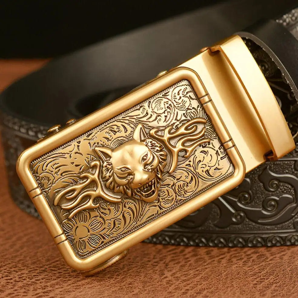Ornate gold wolf buckle on Animal Spirit Josh belt with embossed black leather