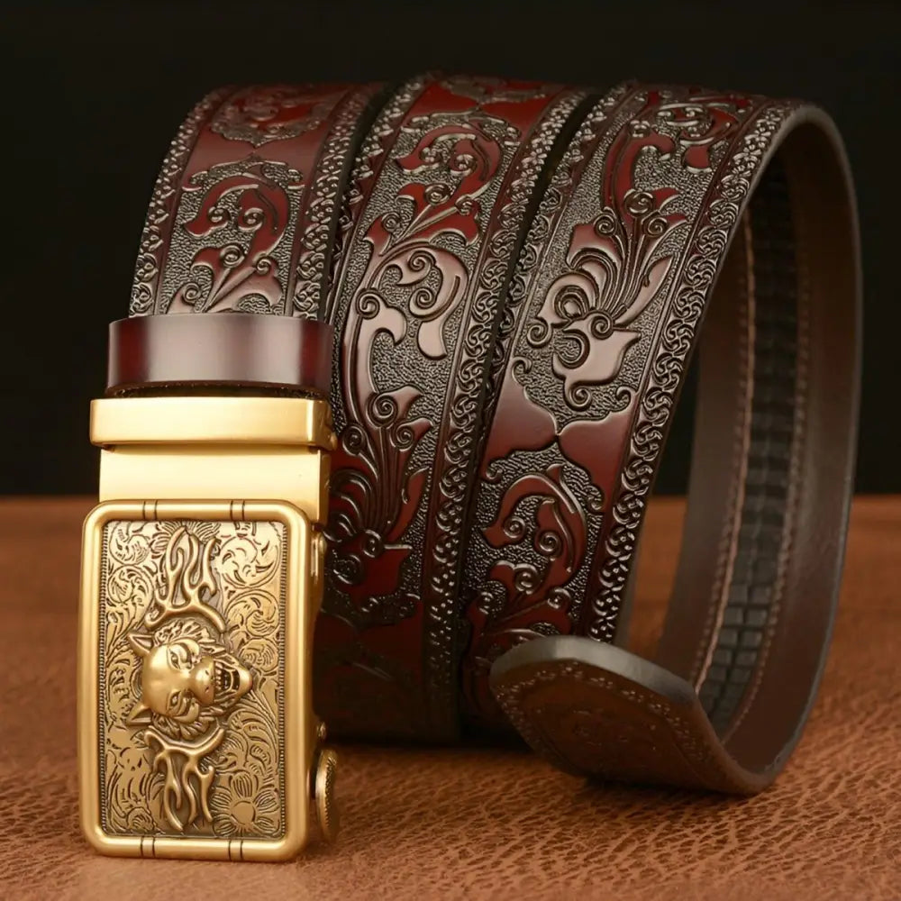 Embossed black leather Animal Spirit Josh Belt with ornate wolf buckle for style and durability