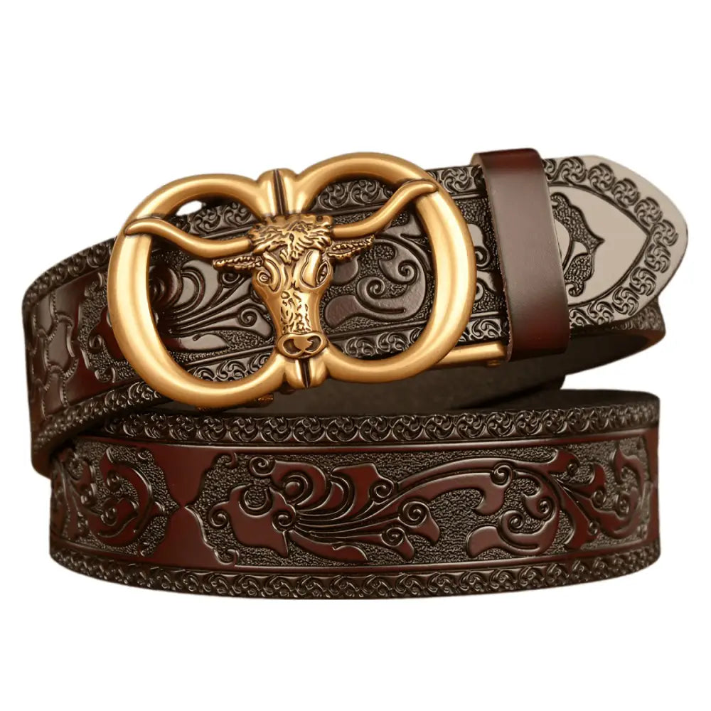 Embossed leather belt with bull buckle for Esprit Animal style, ceinture esprit animal