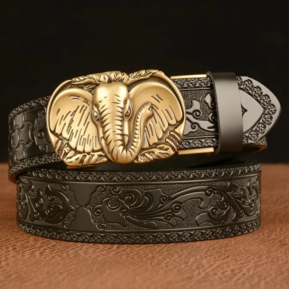 Embossed black leather animal spirit belt with Elephant Buckle from Spirit Belt Model Rowen