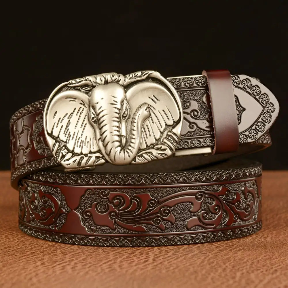Embossed leather animal spirit belt with elephant buckle from Spirit Belt Model Rowen in black and brown