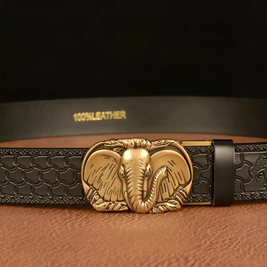 Leather belt with elephant buckle from Animal Spirit Belt Model Rowen in Black and Brown leather
