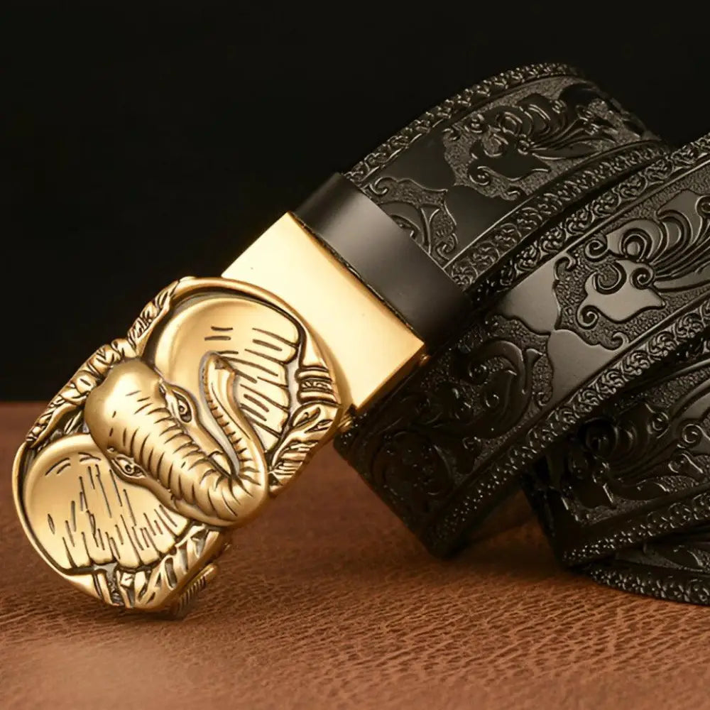 Black leather animal spirit belt with elephant buckle from Spirit Belt Model Rowen