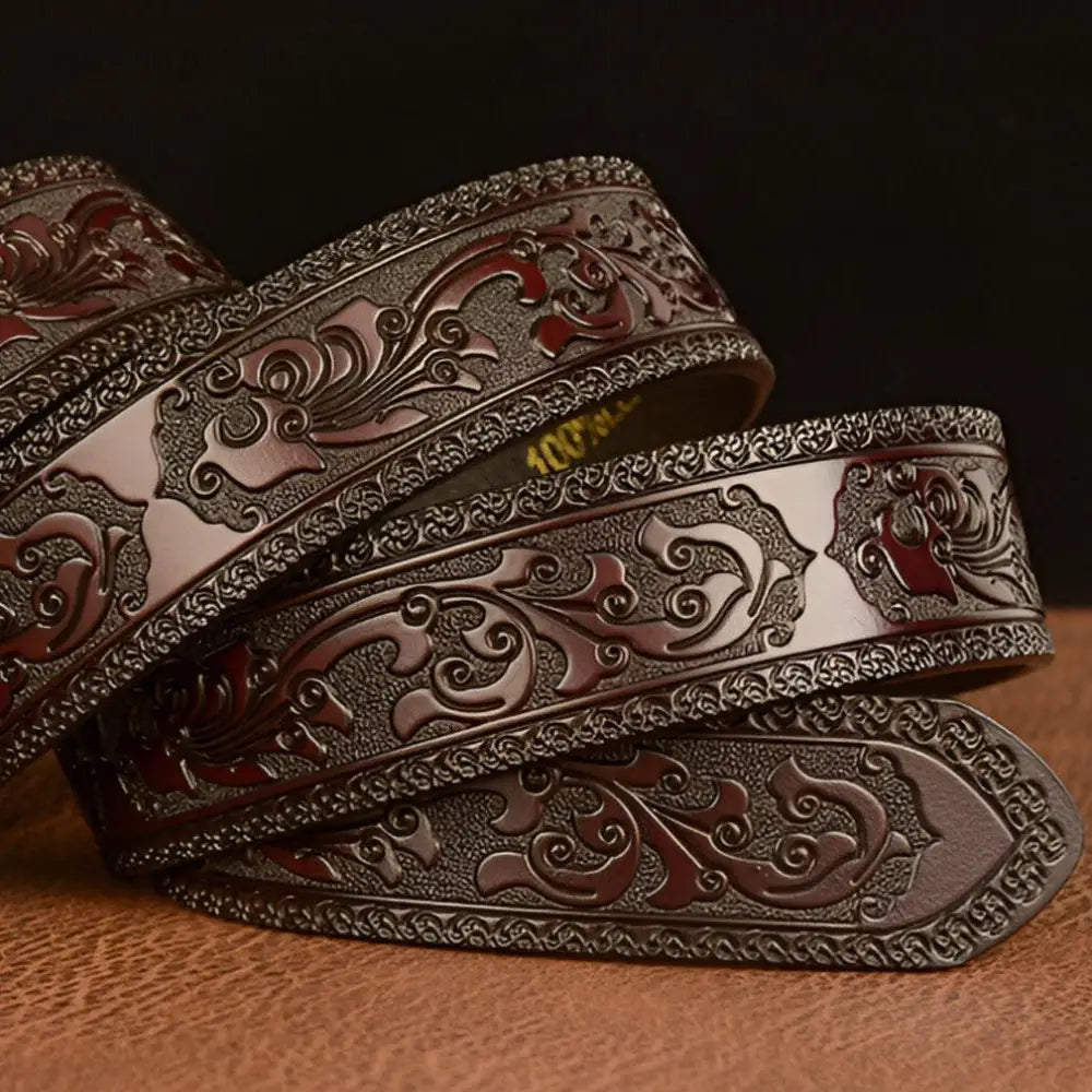 Embossed leather animal spirit belt from Spirit Belt Model Rowen with Elephant Buckle
