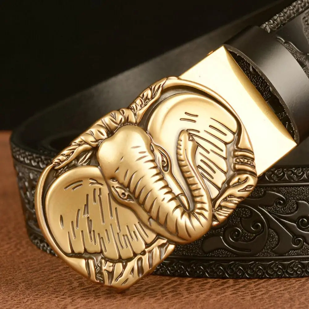 Animal spirit belt model Rowen in black and brown leather with elephant buckle