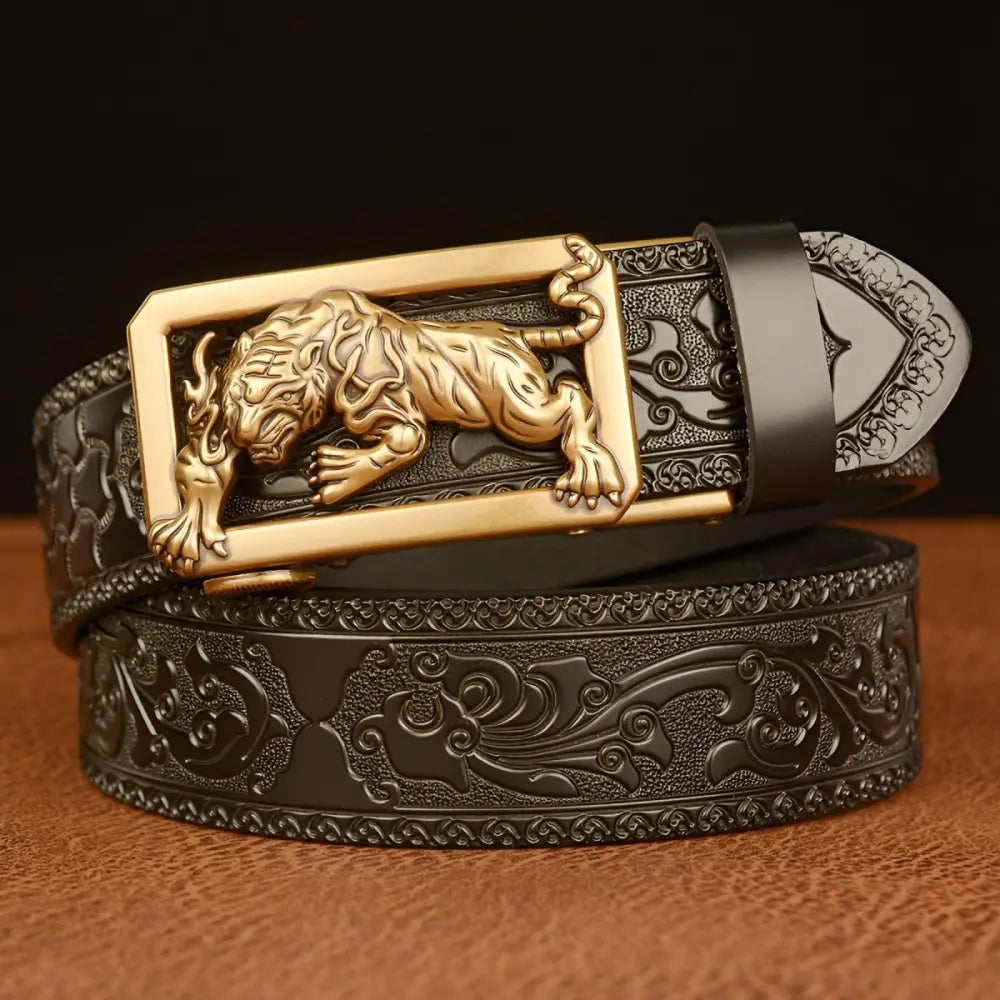 Embossed black leather belt featuring a sophisticated gold tiger-shaped buckle