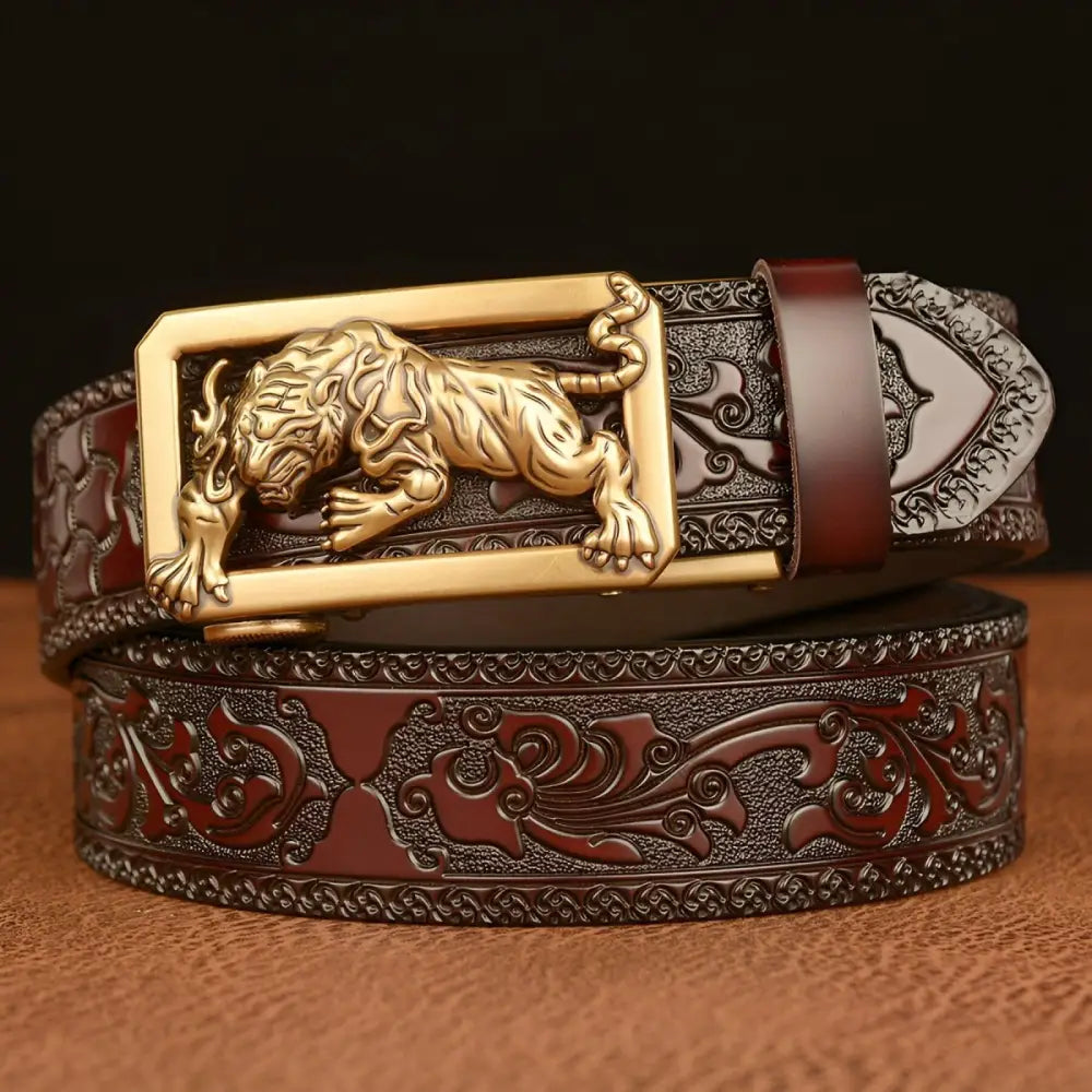 Embossed leather belt featuring a striking tiger-shaped metal buckle for stylish wear