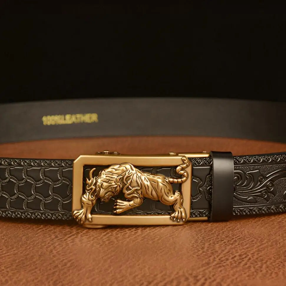 Embossed Black Leather Belt with a Gold Tiger Buckle for stylish fashion accessories
