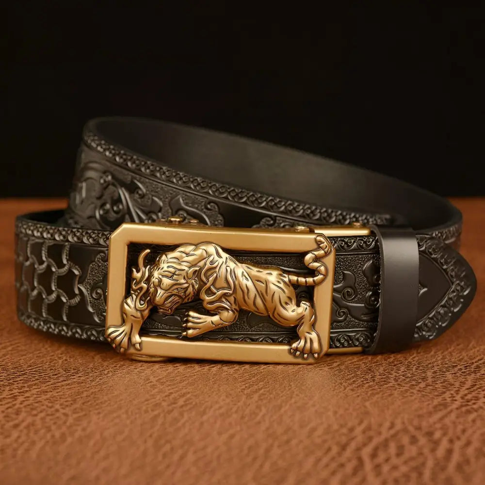 Black leather belt with a tiger-shaped buckle from the Embossed Leather Belt collection