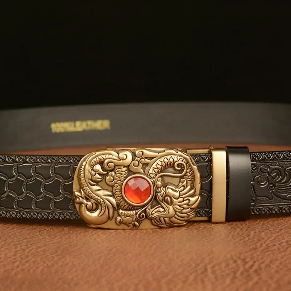 Black leather Finley Belt with embossed design and intricate dragon buckle
