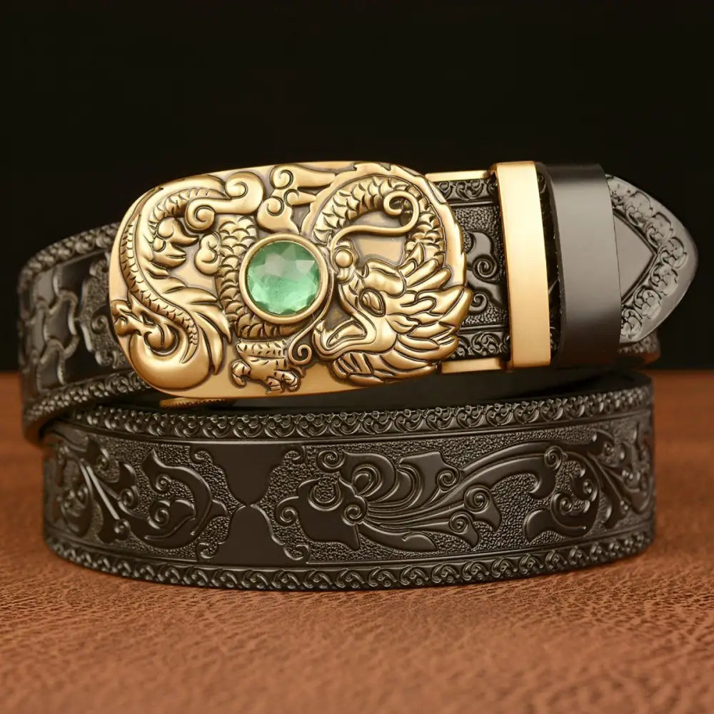 Finley Belt with Embossed Leather and Dragon Buckle, black leather accessory