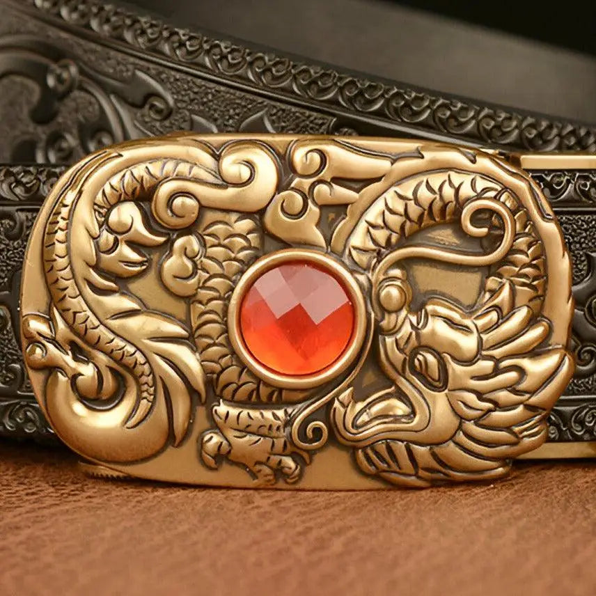 Ornate dragon belt buckle with red gem on Finley Belt with Embossed Leather
