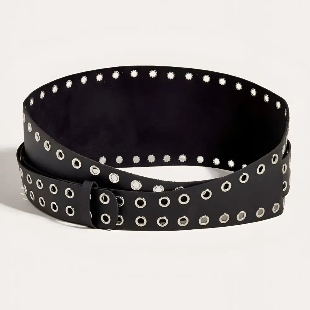 Black leather grommet belt from the XXL Oriane Belt with Grommet Detailing collection