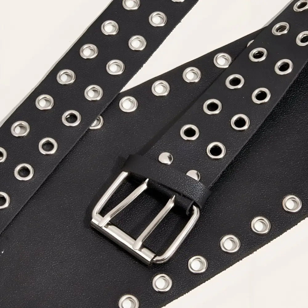 Black grommet belt with silver buckle, XXL Oriane Belt with grommet detailing in leather and fabric