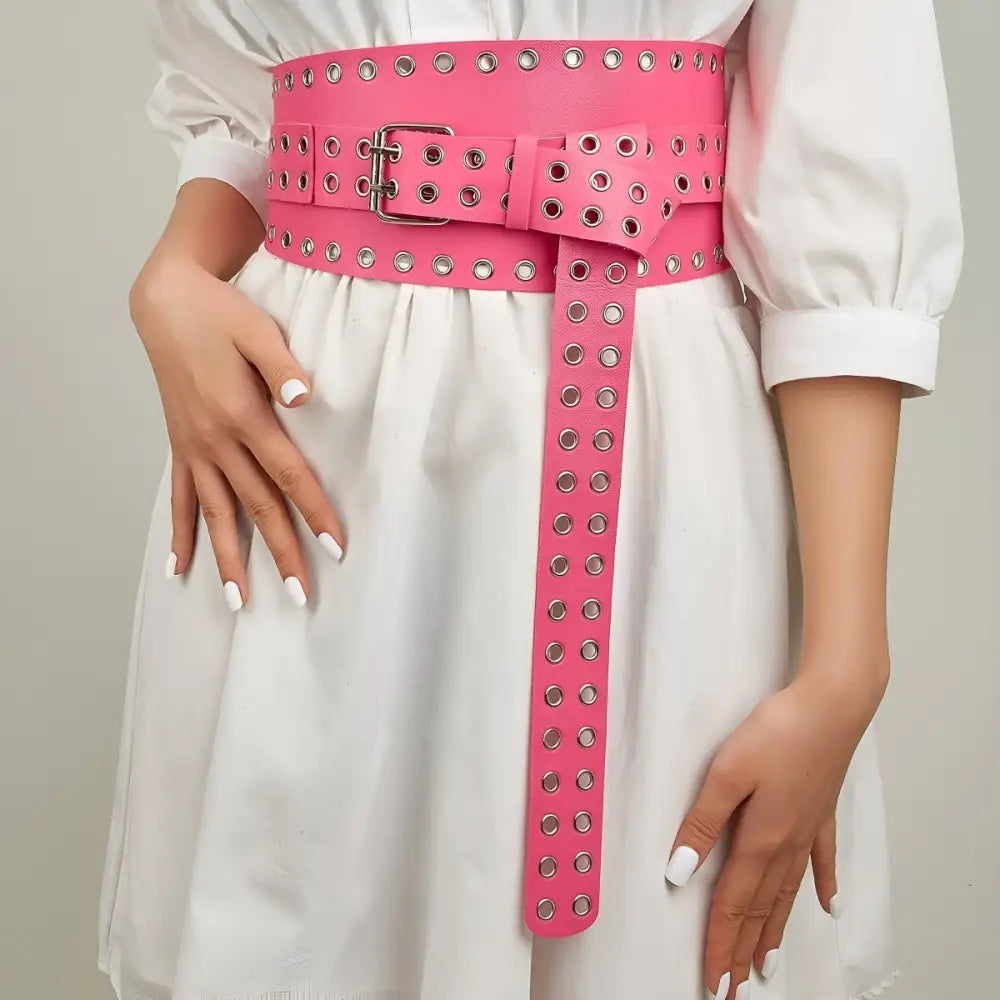 Pink grommeted leather and fabric XXL Oriane Belt for stylish accessorizing