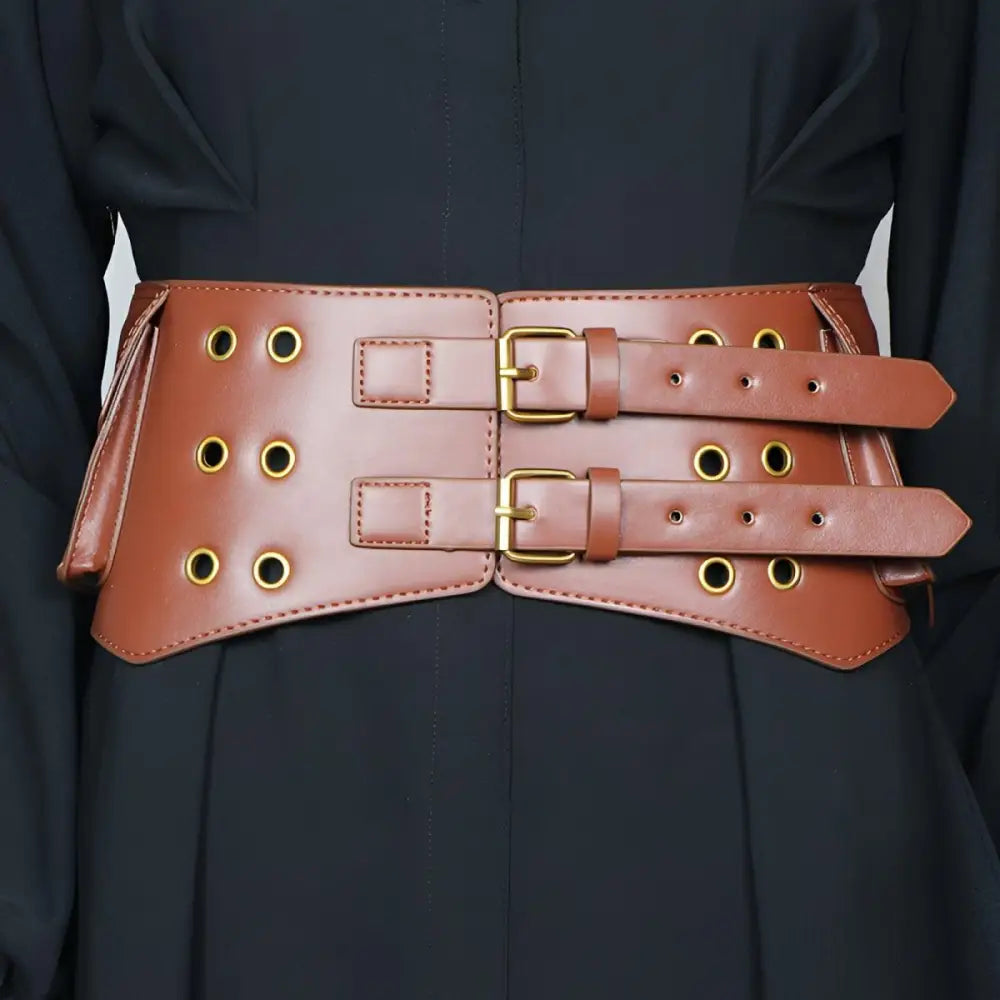 Brown faux leather corset belt from the Faux Leather Corset and Wide Belt Collection