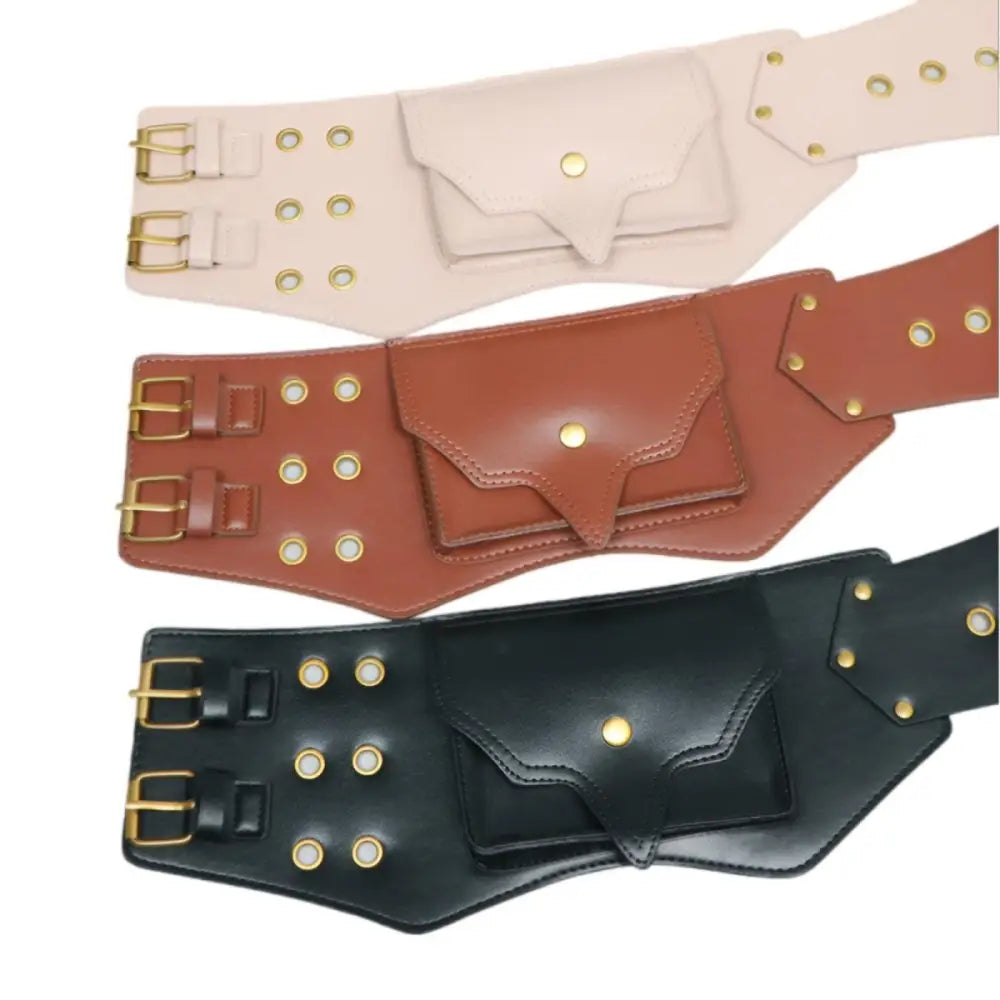 Three leather utility belts displayed in the Faux Leather Corset and Wide Belt Collection