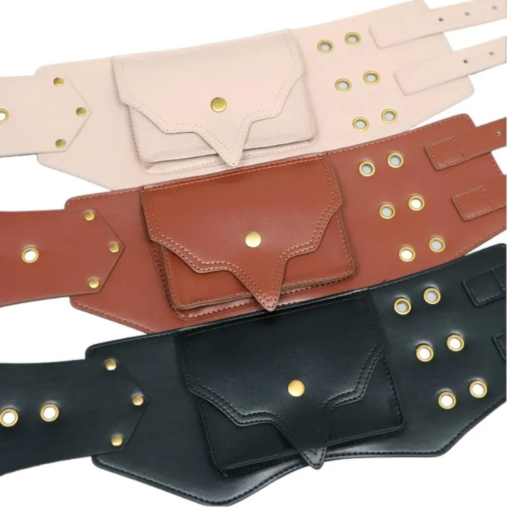 Three leather waist belts with pouches from the Faux Leather Corset and Wide Belt Collection